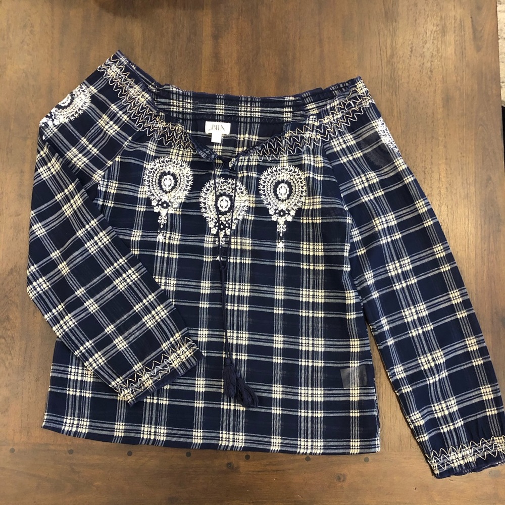 Billabong blue white plaid‎ sheer blouse XS